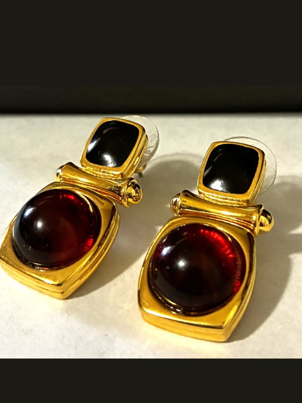 Joan Rivers Faux Amber & Onyx Gold Tone Earrings